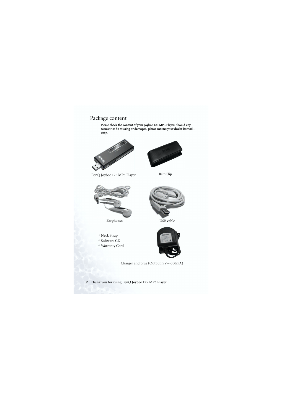Supplied accessories, Package content | BenQ Joybee 125 User Manual | Page 12 / 81