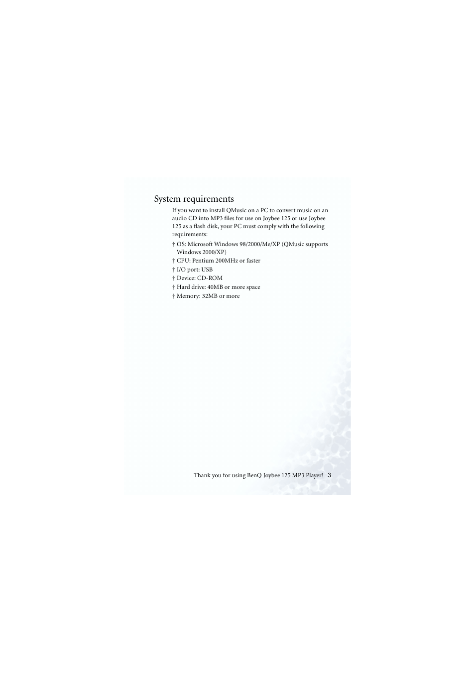 Pc system requirements, System requirements | BenQ Joybee 125 User Manual | Page 13 / 81