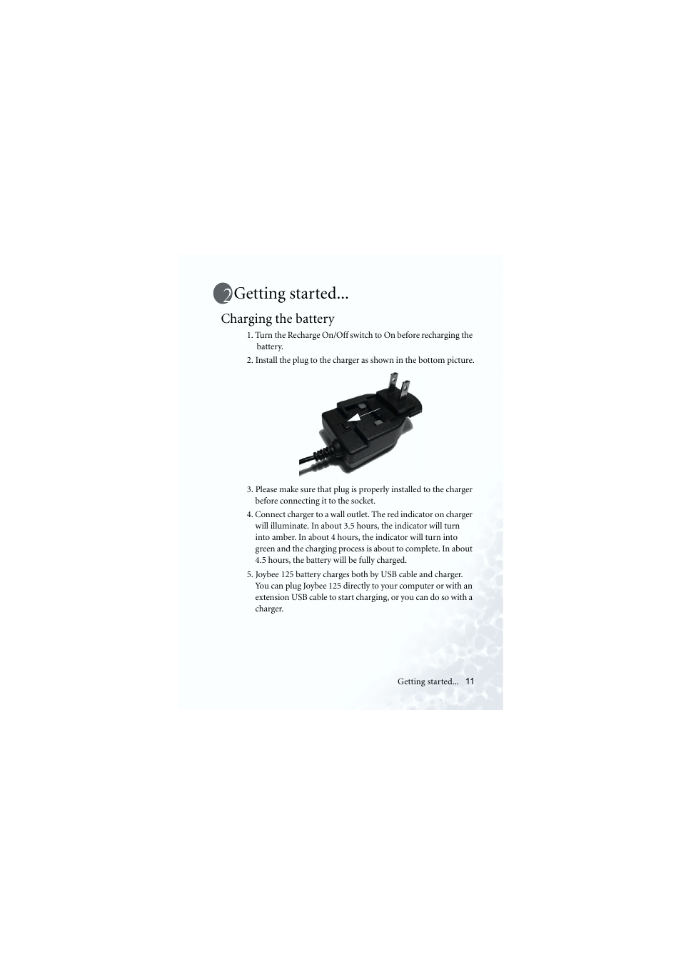 Getting started, Charging the battery | BenQ Joybee 125 User Manual | Page 21 / 81