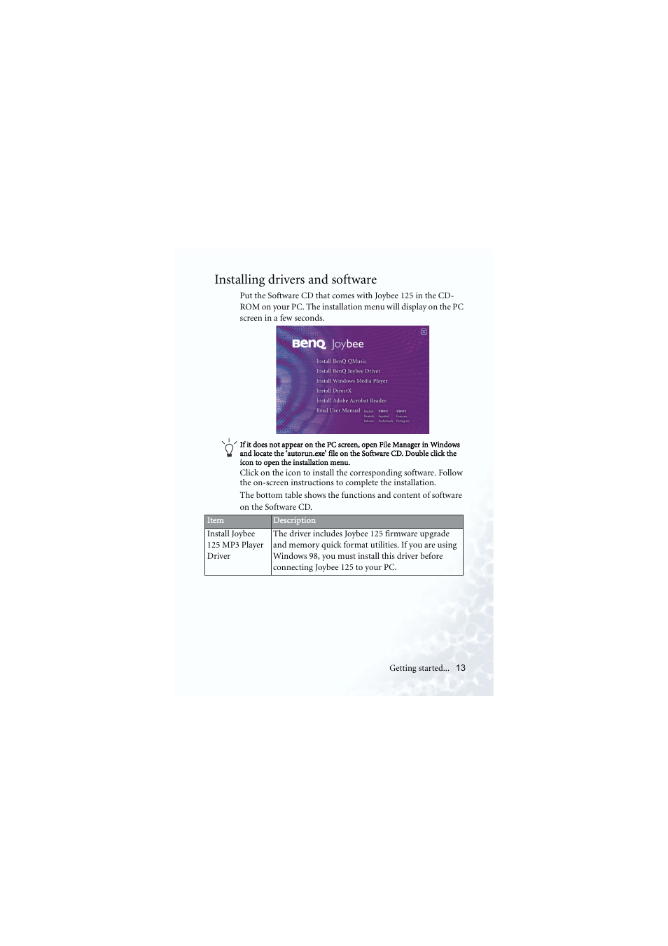 Driver / software installation, Installing drivers and software | BenQ Joybee 125 User Manual | Page 23 / 81