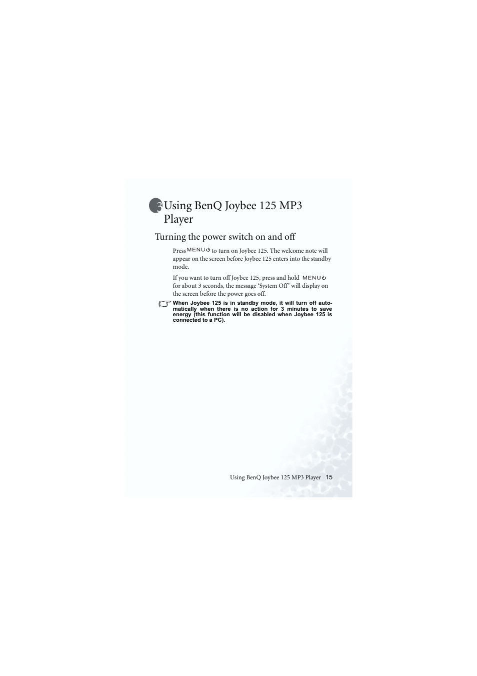 Operation, Power on / off, Using benq joybee 125 mp3 player | Turning the power switch on and off | BenQ Joybee 125 User Manual | Page 25 / 81