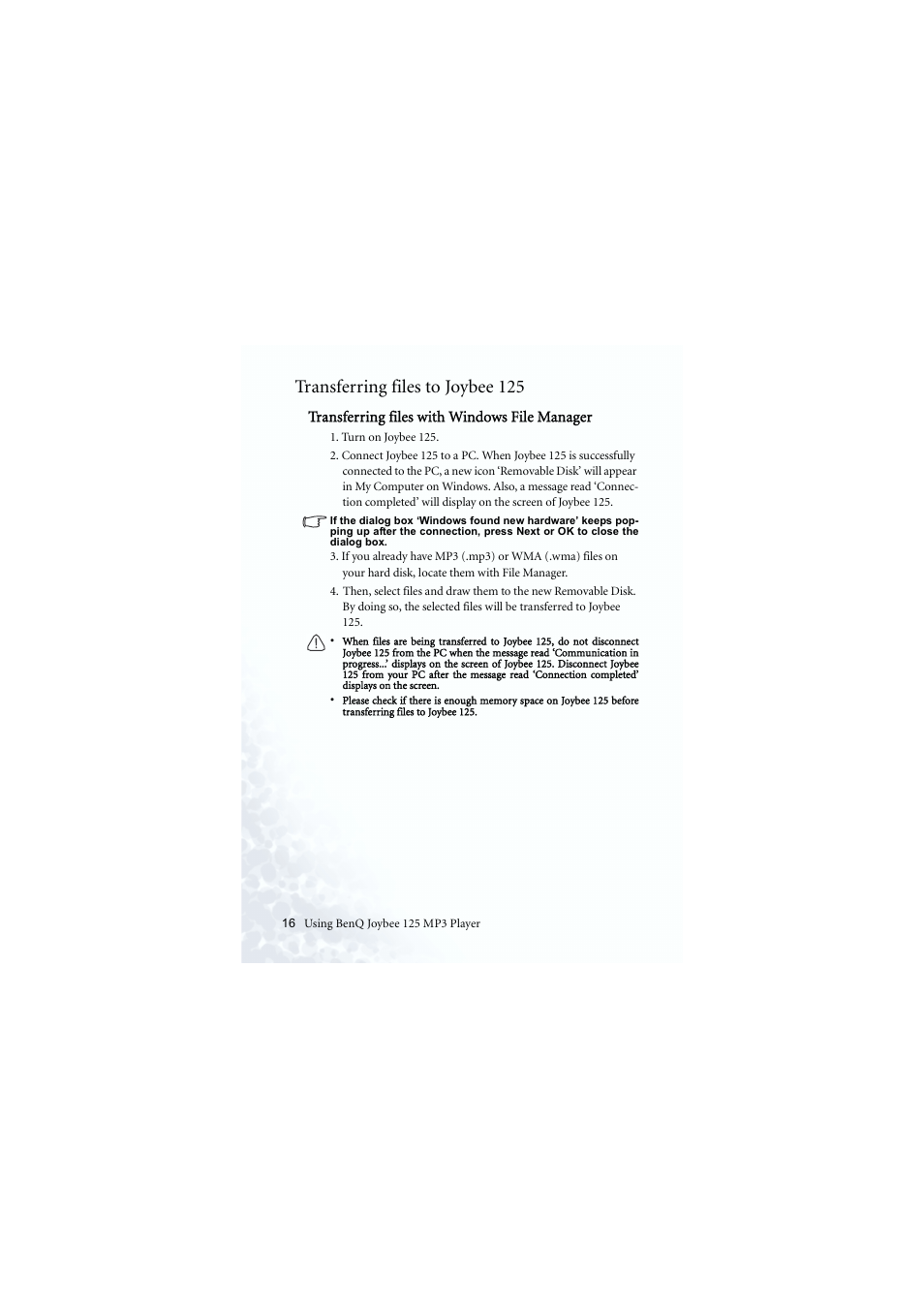 Transferring files, Transferring files to joybee 125 | BenQ Joybee 125 User Manual | Page 26 / 81