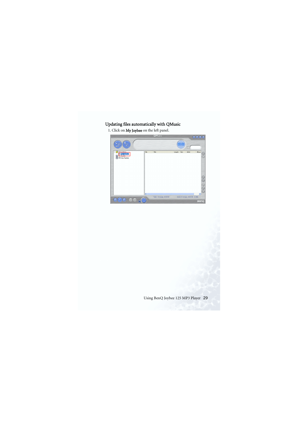 Auto file update with qmusic | BenQ Joybee 125 User Manual | Page 39 / 81