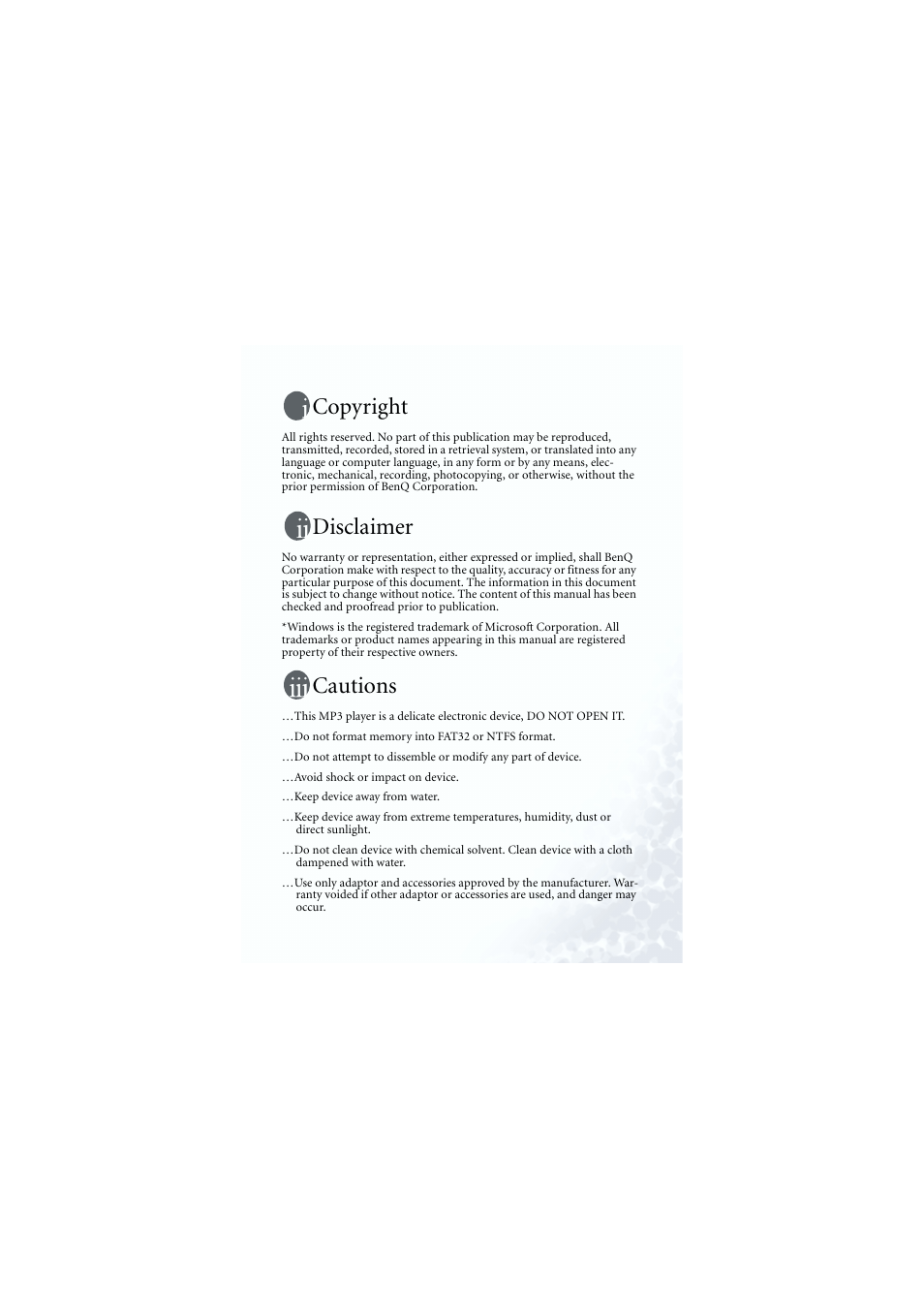 Copyright, Disclaimer, Cautions | BenQ Joybee 125 User Manual | Page 4 / 81