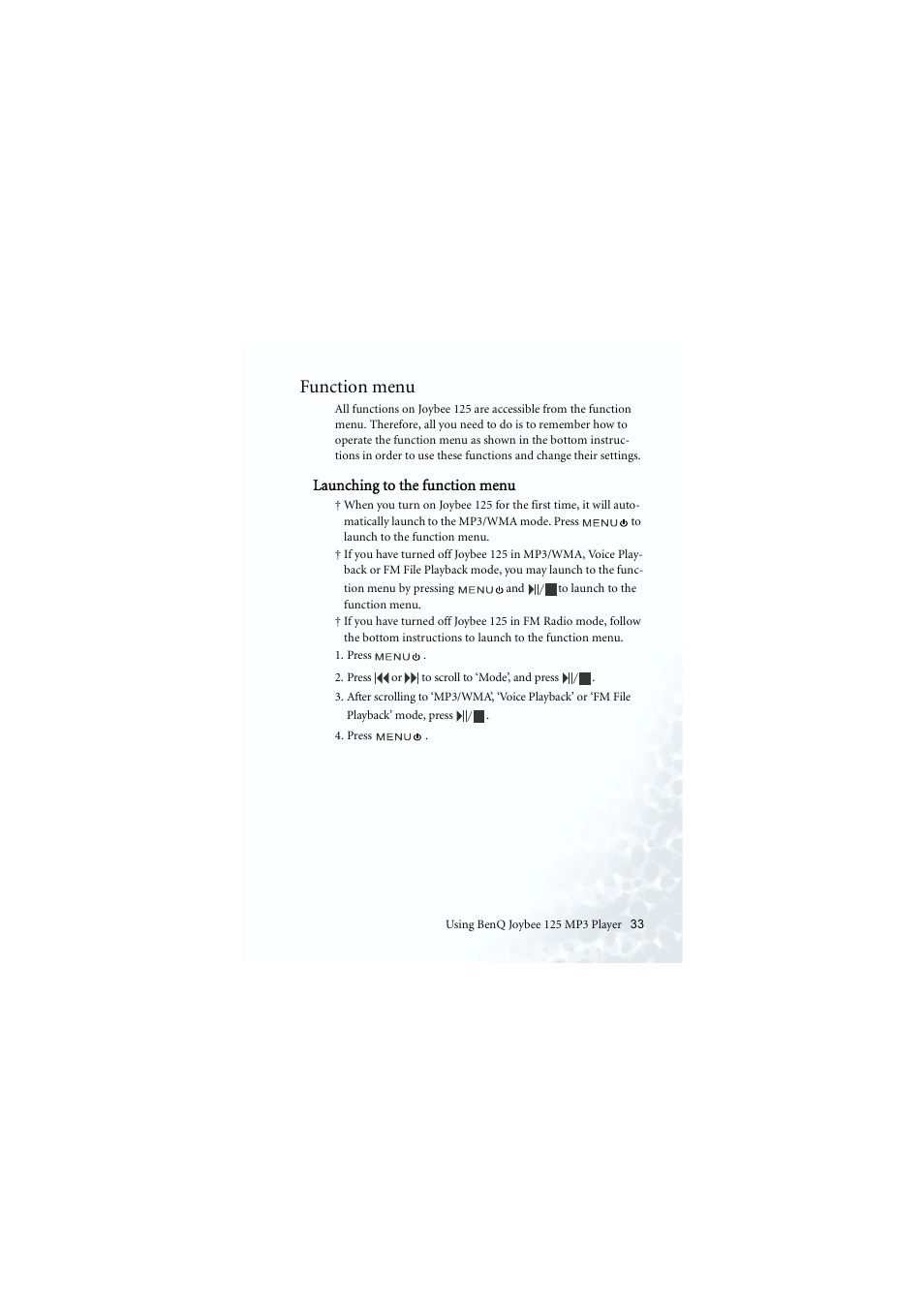 Function menu | BenQ Joybee 125 User Manual | Page 43 / 81