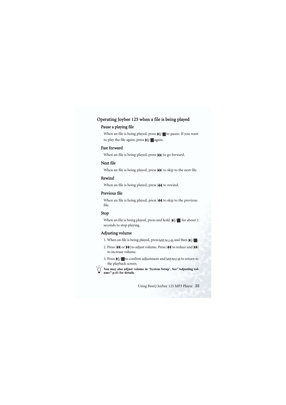 Playback controls, Volume | BenQ Joybee 125 User Manual | Page 45 / 81