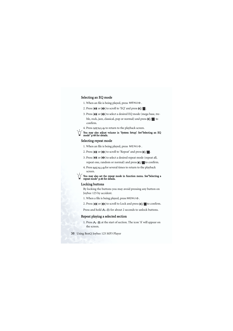 Locking the controls, Eq mode, Repeat | A-b repeat, Note - locking the controls | BenQ Joybee 125 User Manual | Page 46 / 81