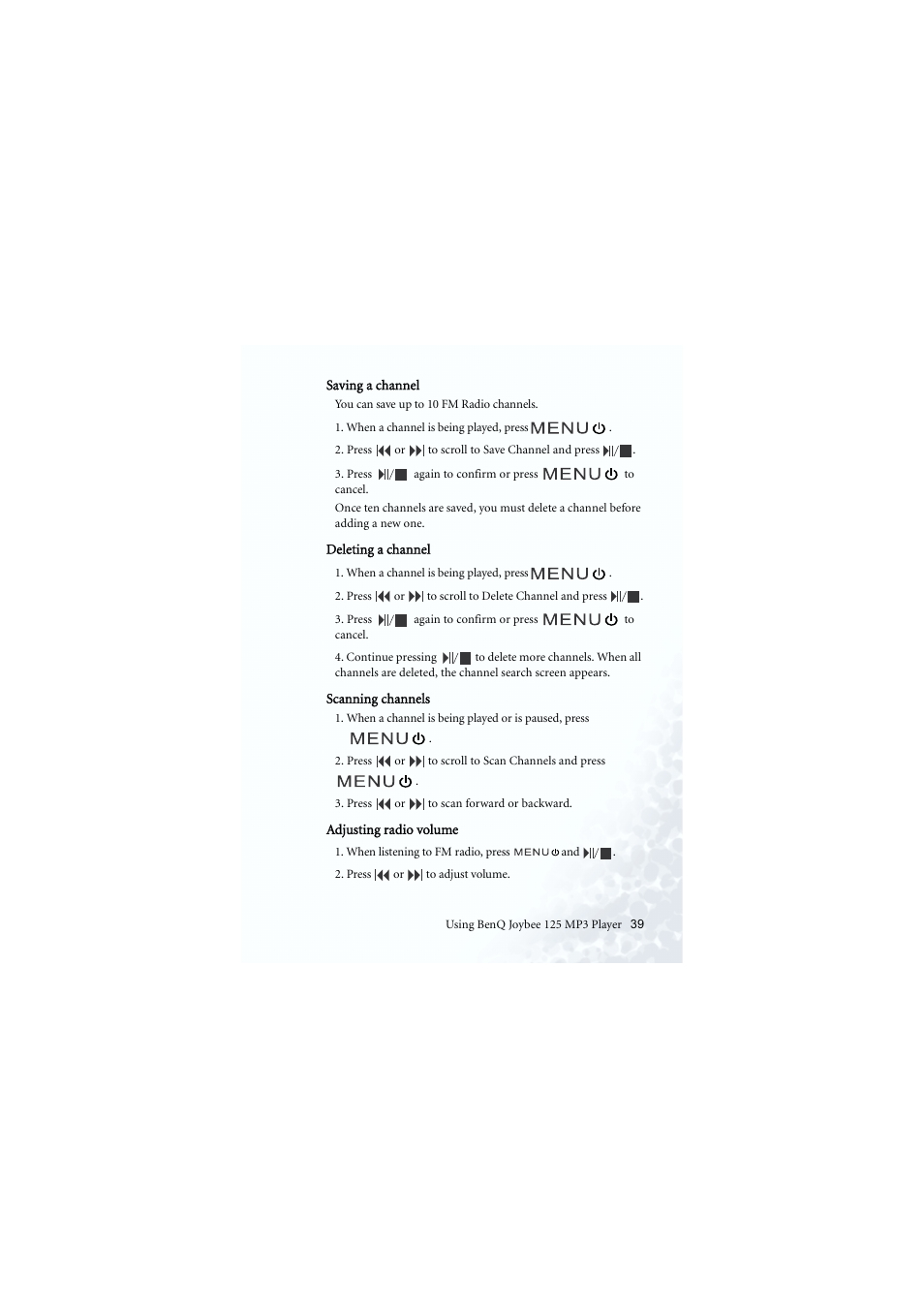 Saving a preset, Deleting a preset, Scanning presets | Volume | BenQ Joybee 125 User Manual | Page 49 / 81