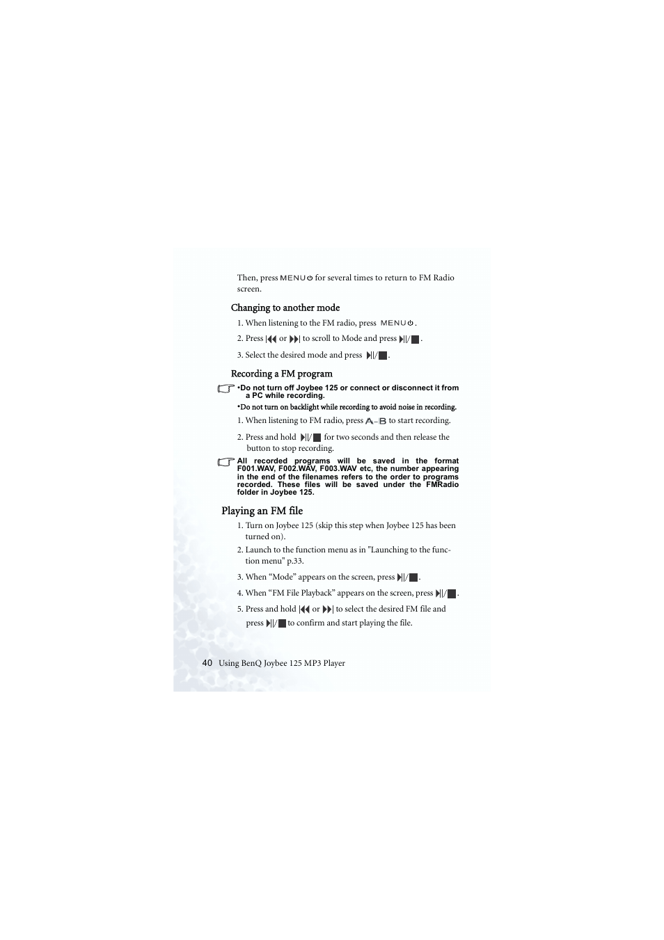 Changing to another source, Recording from fm, Playing back an fm recording | BenQ Joybee 125 User Manual | Page 50 / 81