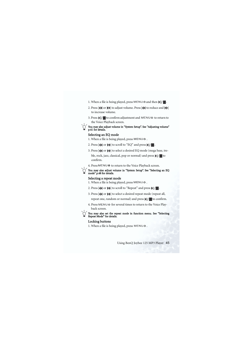 Eq mode, Repeat mode, Locking the controls | BenQ Joybee 125 User Manual | Page 55 / 81