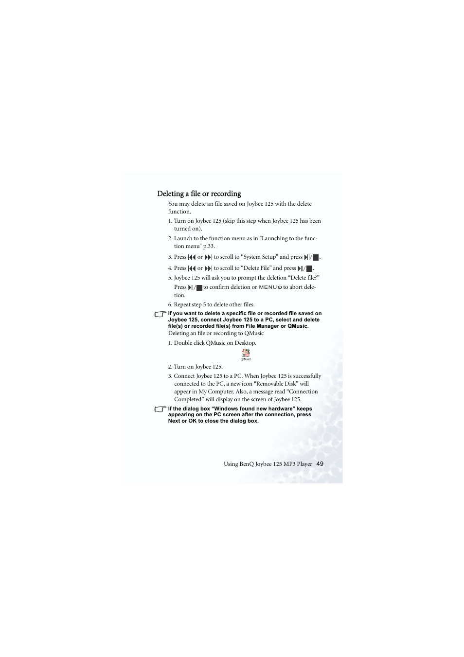 Deleting a file / recording | BenQ Joybee 125 User Manual | Page 59 / 81