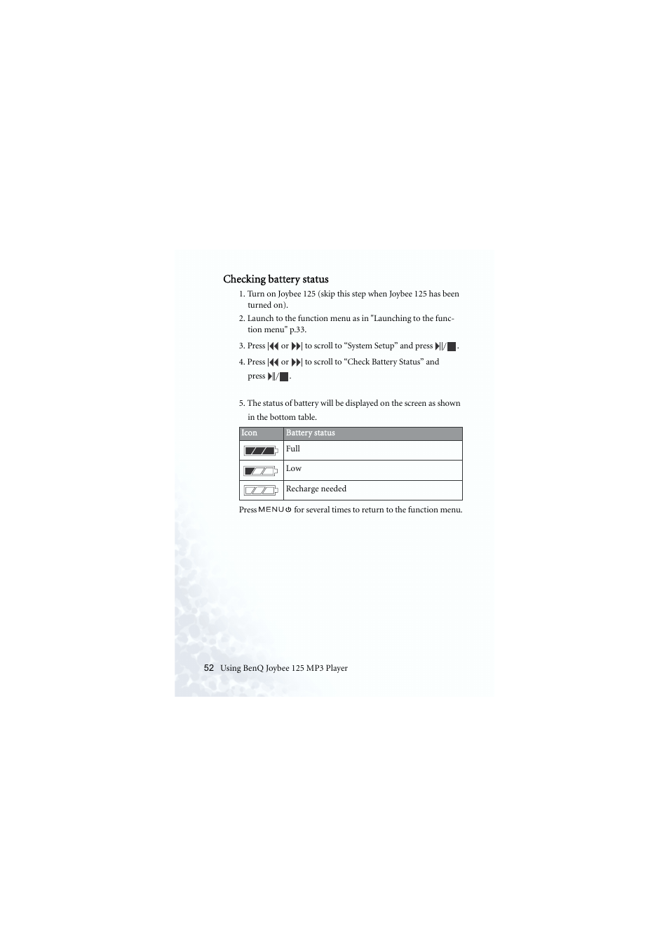 Checking battery status | BenQ Joybee 125 User Manual | Page 62 / 81