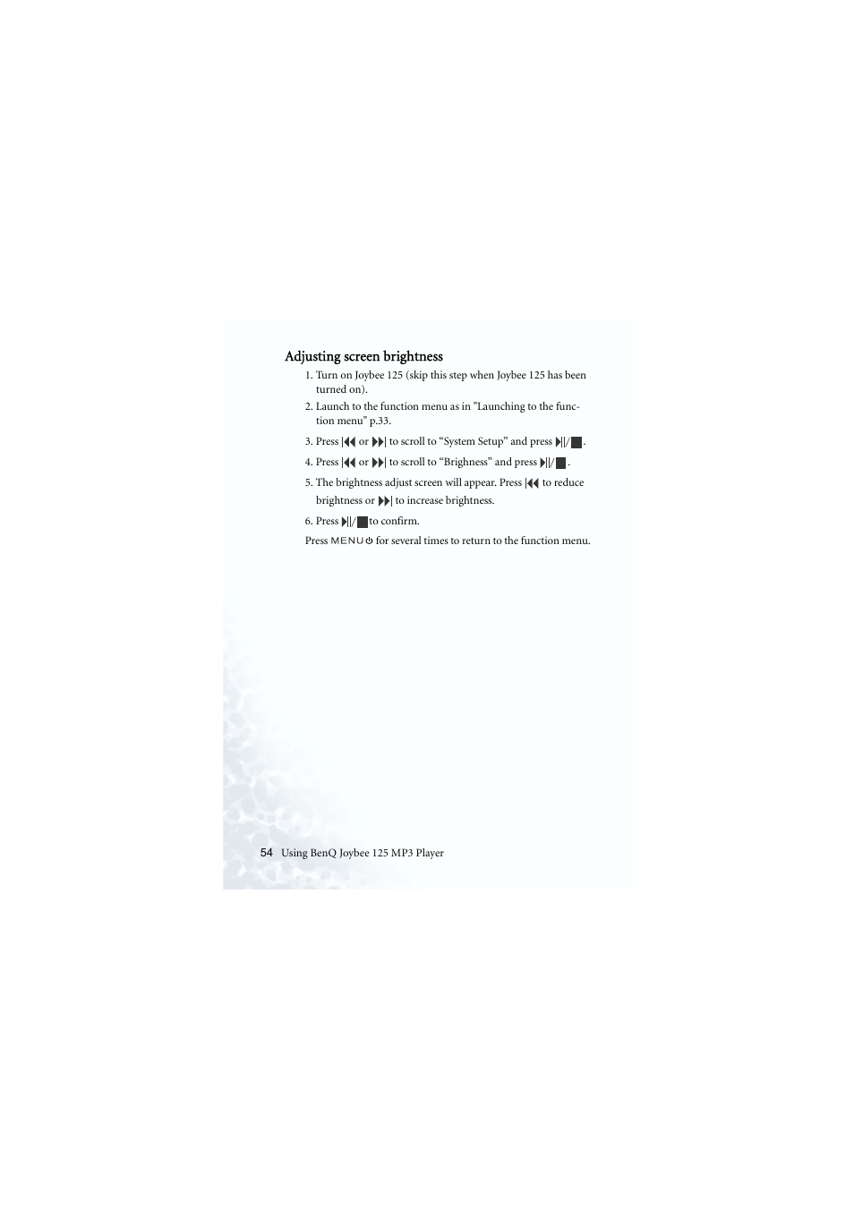 Screen brightness | BenQ Joybee 125 User Manual | Page 64 / 81