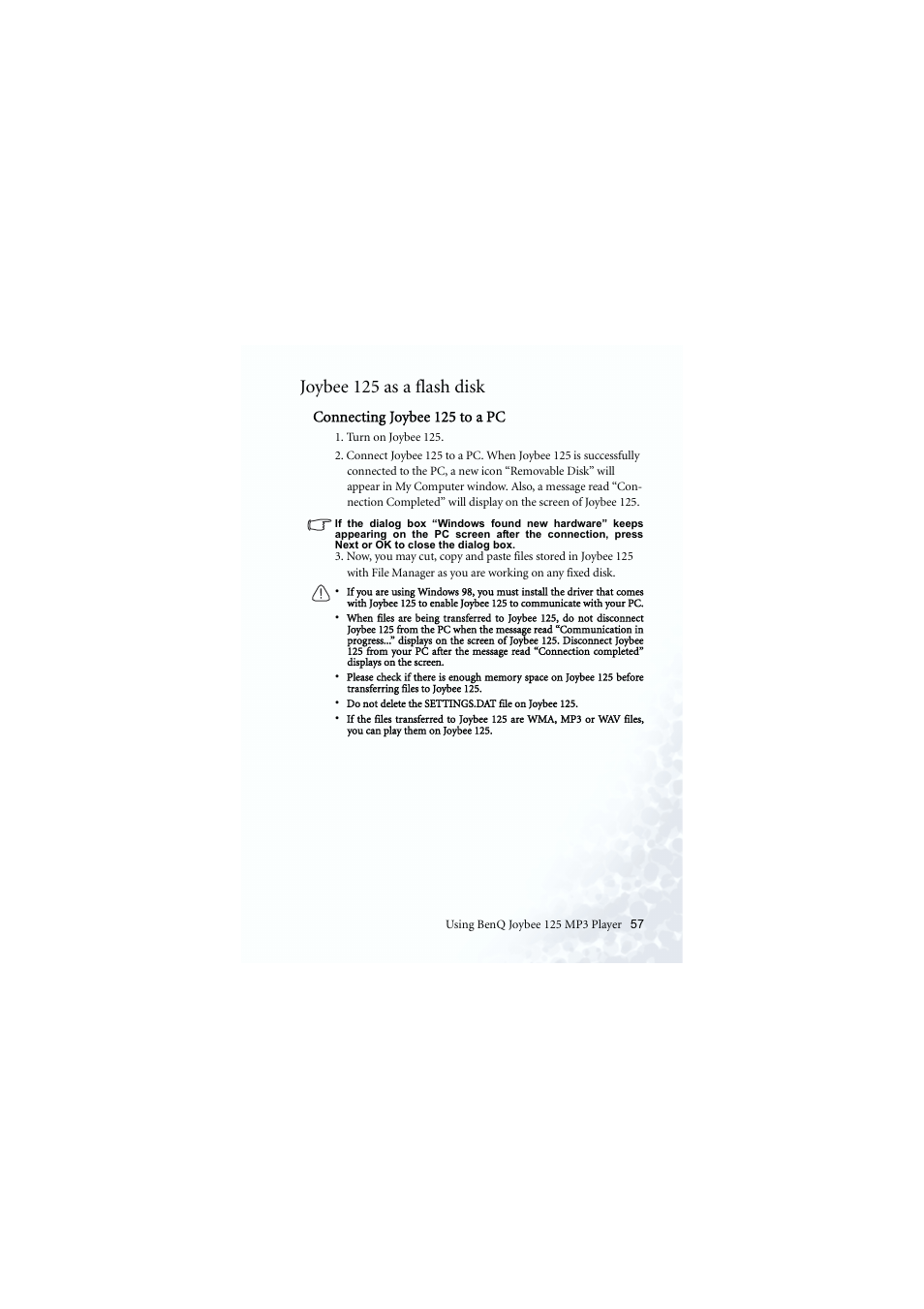 Using player as a usb flash drive, Joybee 125 as a flash disk | BenQ Joybee 125 User Manual | Page 67 / 81