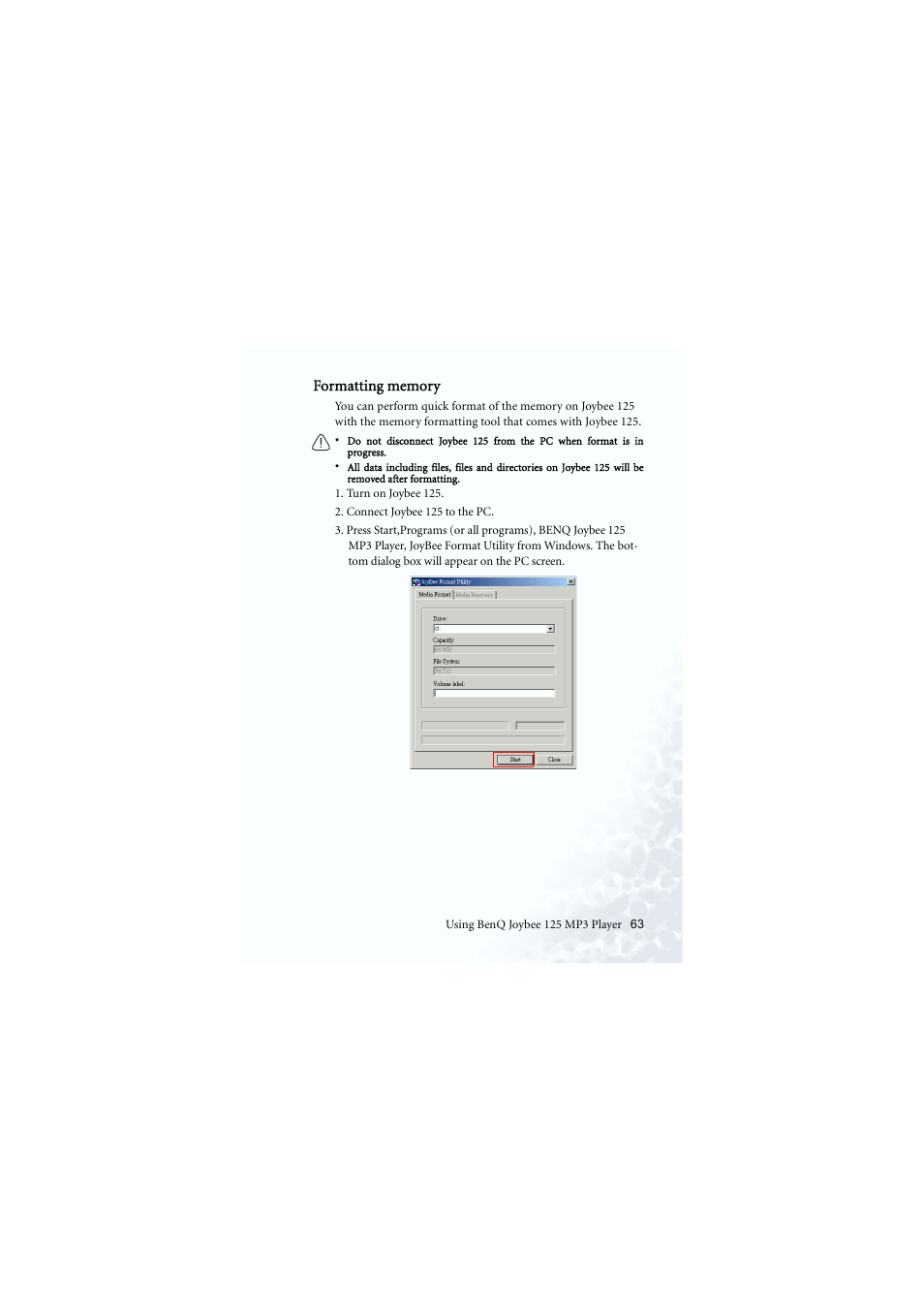Formatting the memory | BenQ Joybee 125 User Manual | Page 73 / 81