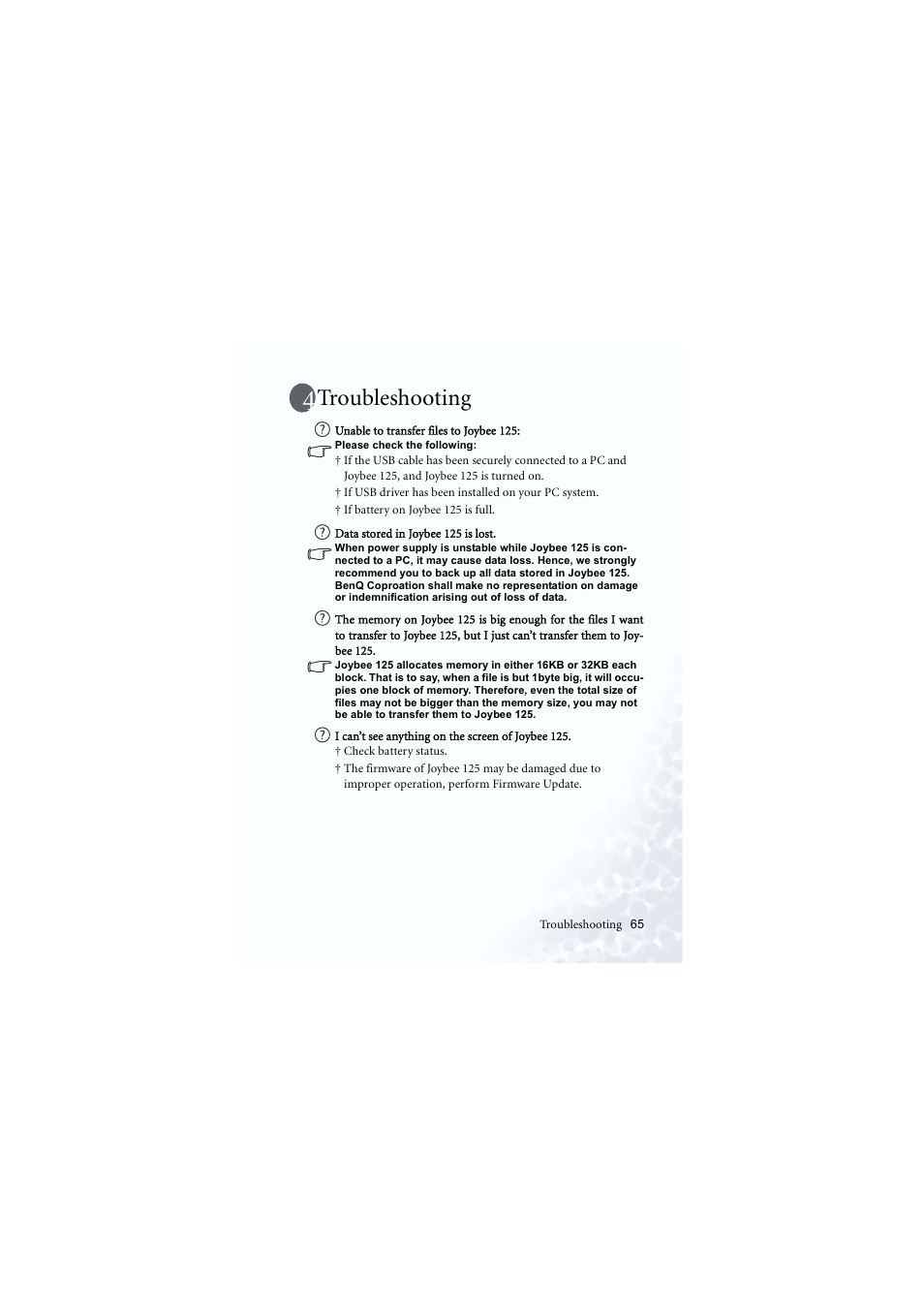 Troubleshooting | BenQ Joybee 125 User Manual | Page 75 / 81