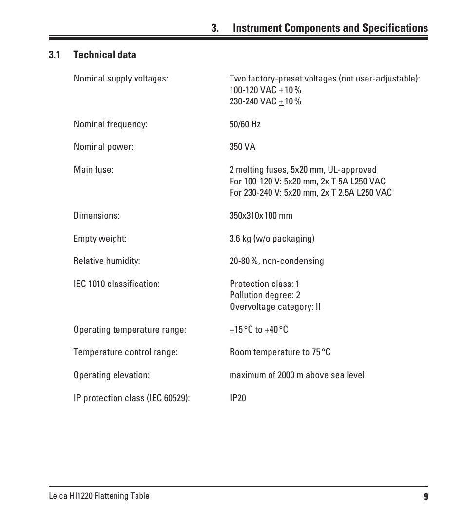 Instrument components and specifications, Technical data | Leica Biosystems HI1220 User Manual | Page 9 / 18