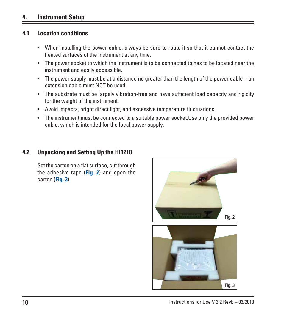 Instrument setup, Location conditions, Unpacking and setting up the hi1210 | Leica Biosystems HI1210 User Manual | Page 10 / 18