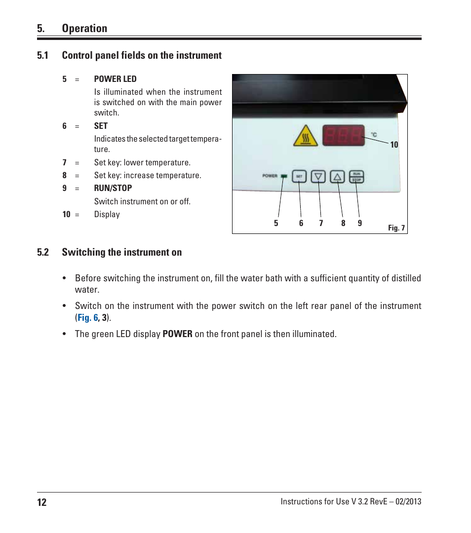 Operation, Control panel fields on the instrument, Switching the instrument on | Leica Biosystems HI1210 User Manual | Page 12 / 18