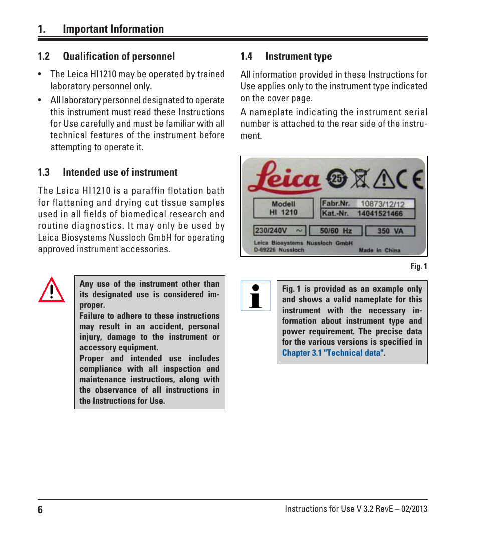 Qualification of personnel, Intended use of instrument, Instrument type | Important information | Leica Biosystems HI1210 User Manual | Page 6 / 18