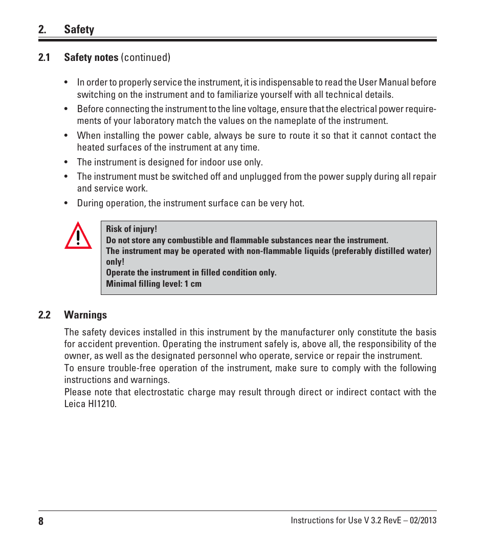 2 warnings, Safety | Leica Biosystems HI1210 User Manual | Page 8 / 18