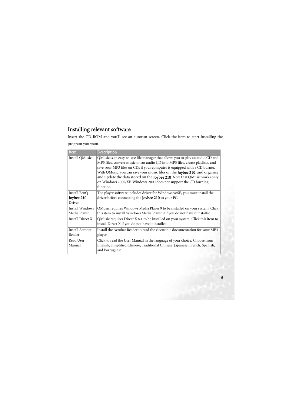 Installing relevant software | BenQ Joybee 210 User Manual | Page 11 / 40