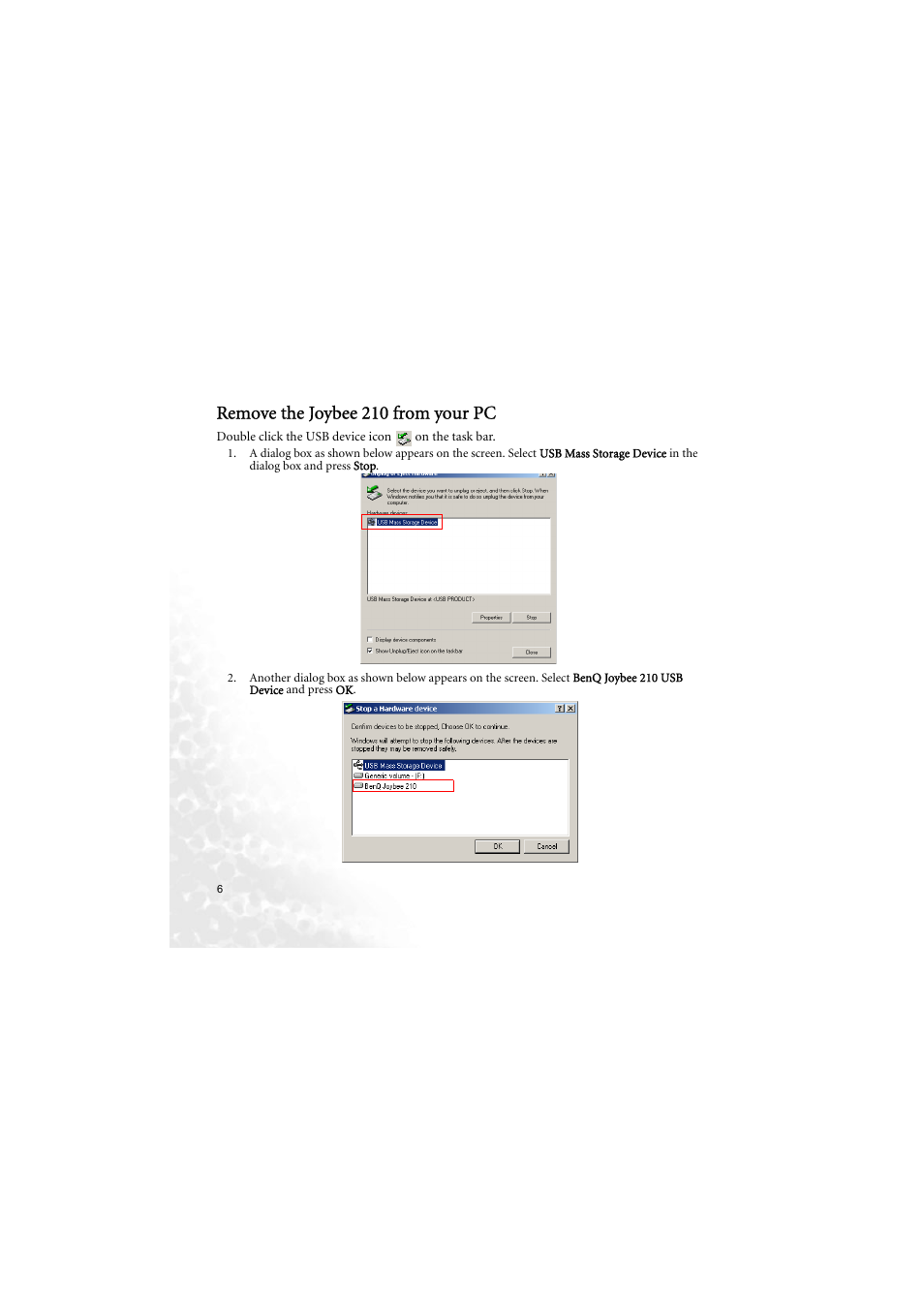 Remove the joybee 210 from your pc | BenQ Joybee 210 User Manual | Page 12 / 40