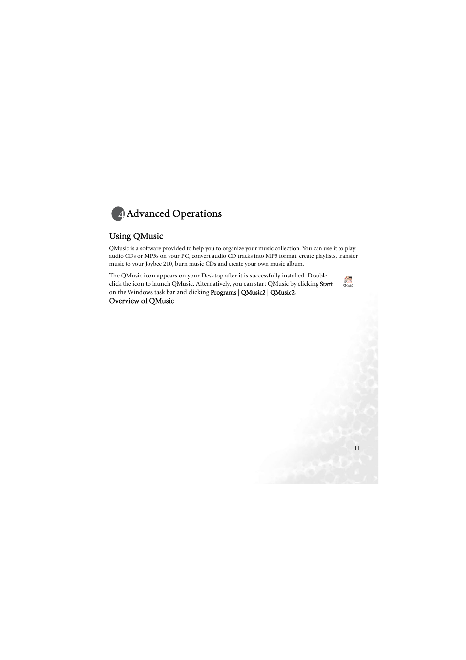Advanced operations, Using qmusic, Overview of qmusic | BenQ Joybee 210 User Manual | Page 17 / 40