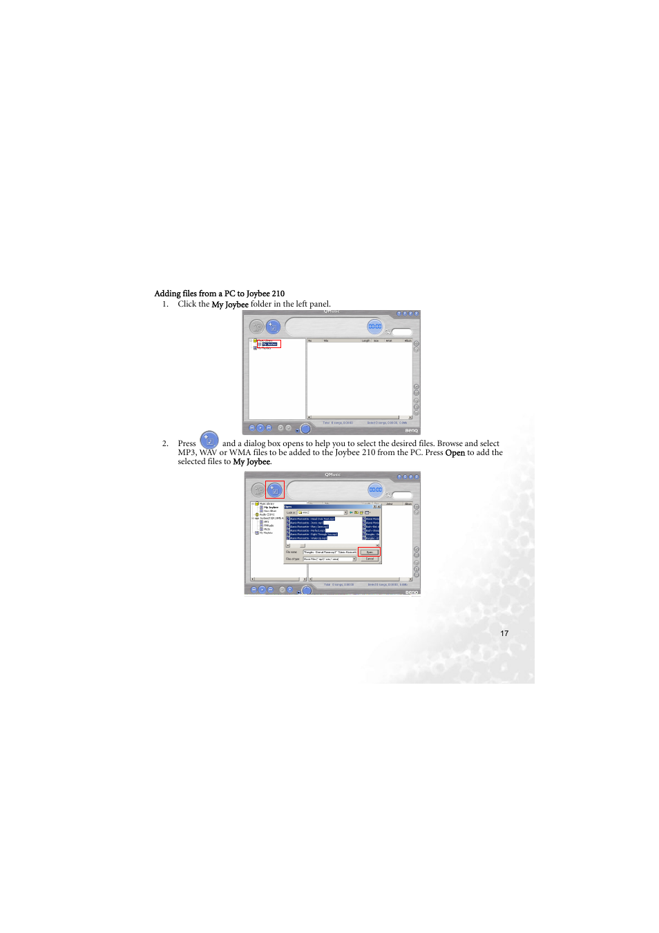Adding files from a pc to joybee 210 | BenQ Joybee 210 User Manual | Page 23 / 40