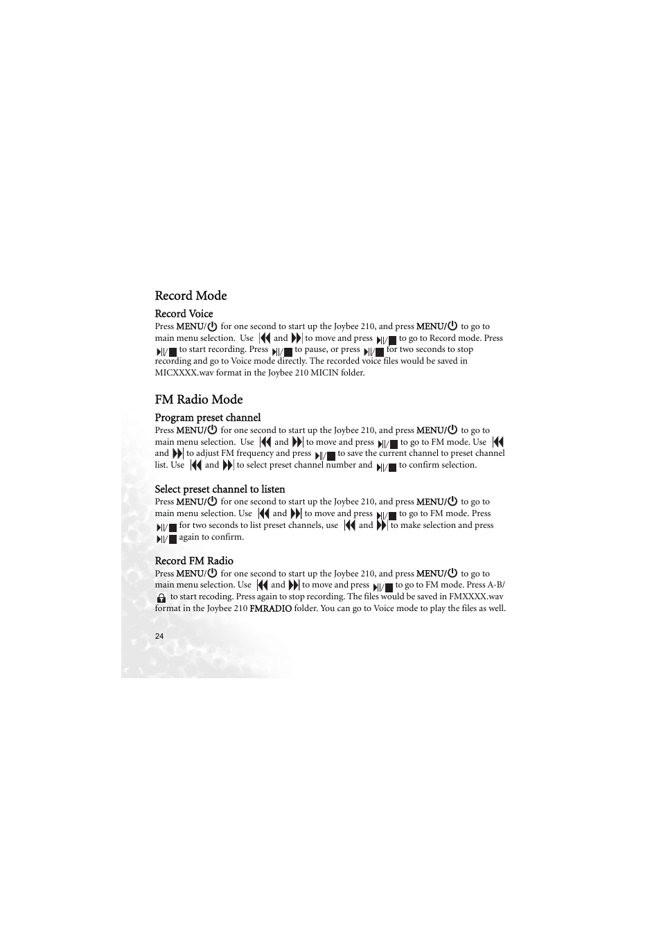 Record mode, Record voice, Fm radio mode | BenQ Joybee 210 User Manual | Page 30 / 40