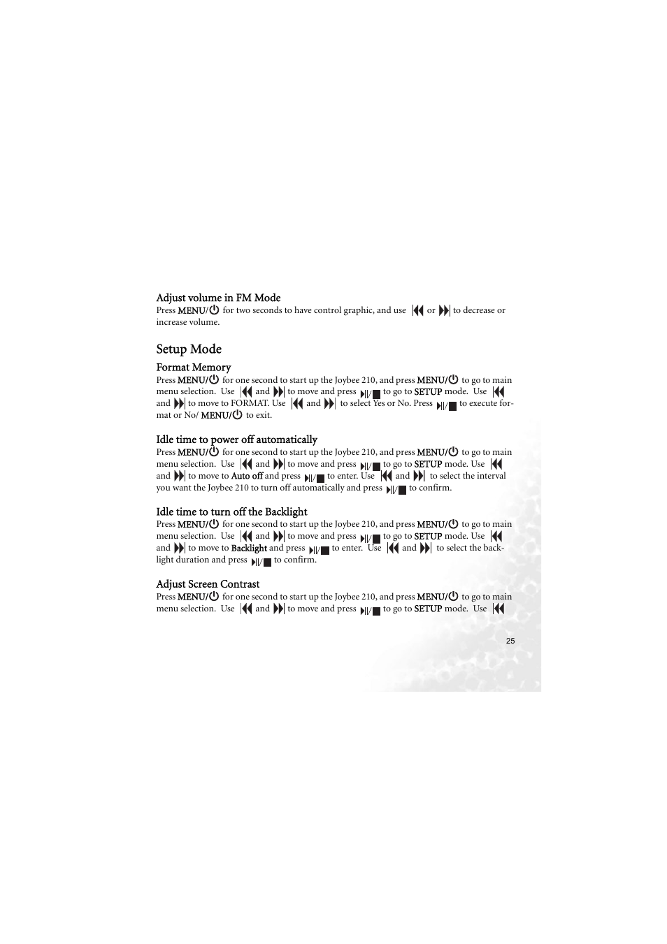 Adjust volume in fm mode, Setup mode | BenQ Joybee 210 User Manual | Page 31 / 40