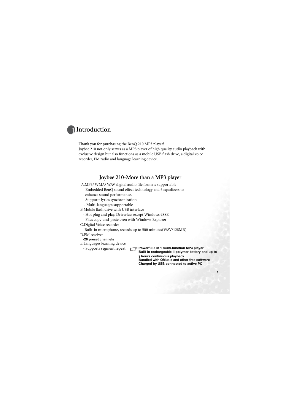 Introduction, Joybee 210-more than a mp3 player | BenQ Joybee 210 User Manual | Page 7 / 40