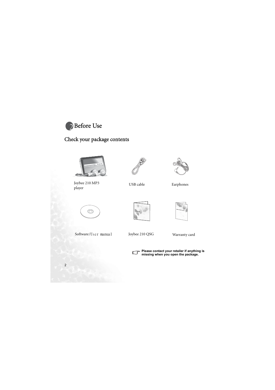 Before use, Check your package contents | BenQ Joybee 210 User Manual | Page 8 / 40