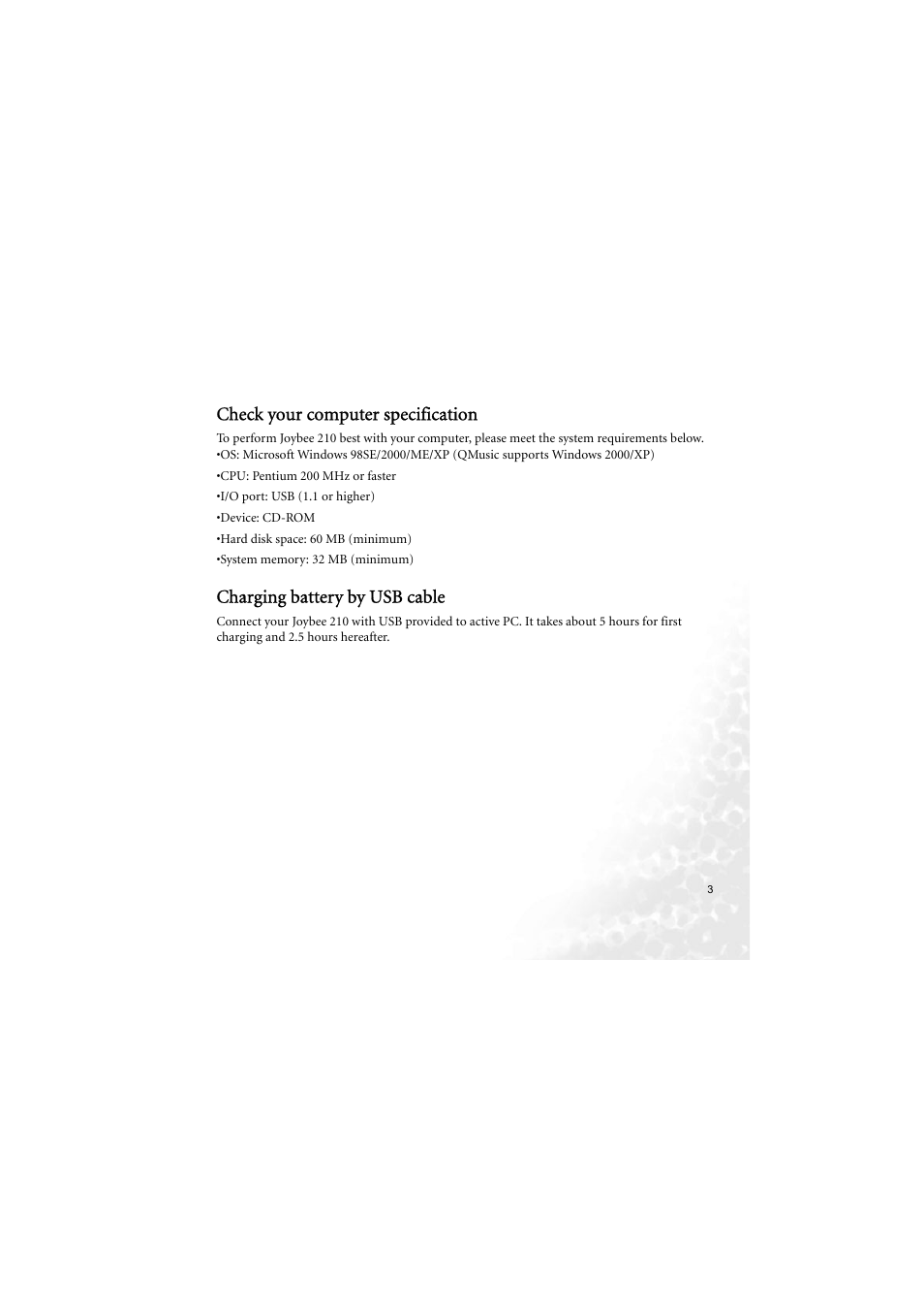 Check your computer specification, Charging battery by usb cable | BenQ Joybee 210 User Manual | Page 9 / 40