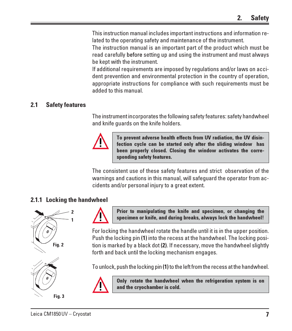 Safety, 1 safety features, 1 locking the handwheel | Safety features, Locking the handwheel | Leica Biosystems CM1850 UV User Manual | Page 7 / 56