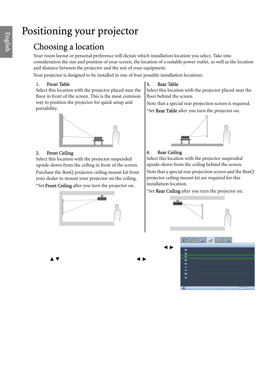 Positioning your projector, Choosing a location, Eng lish | BenQ SP920 User Manual | Page 12 / 56