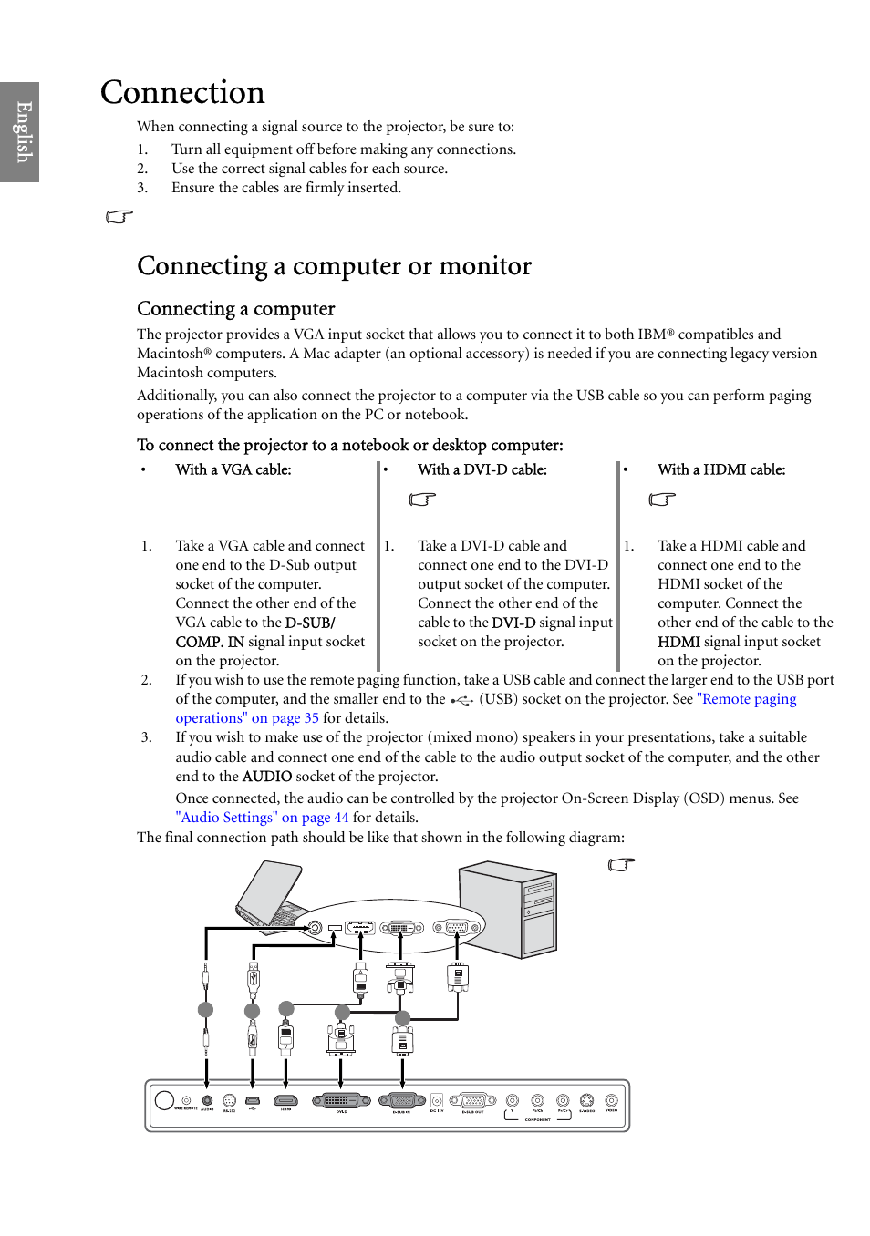 Connection, Connecting a computer or monitor, Eng lish | Connecting a computer | BenQ SP920 User Manual | Page 16 / 56