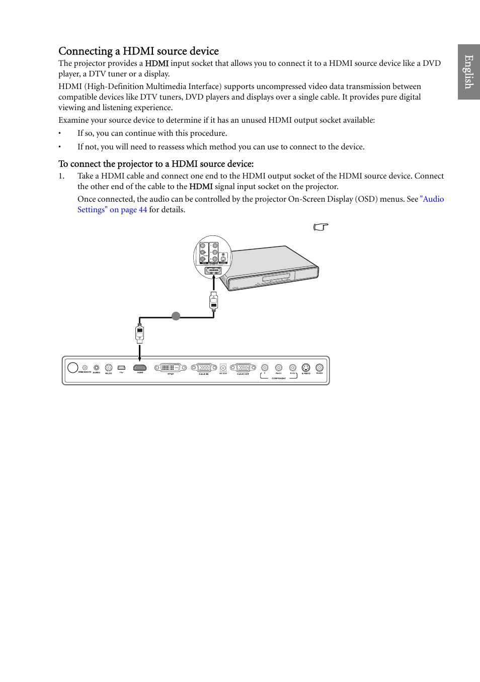 Eng lish connecting a hdmi source device | BenQ SP920 User Manual | Page 19 / 56