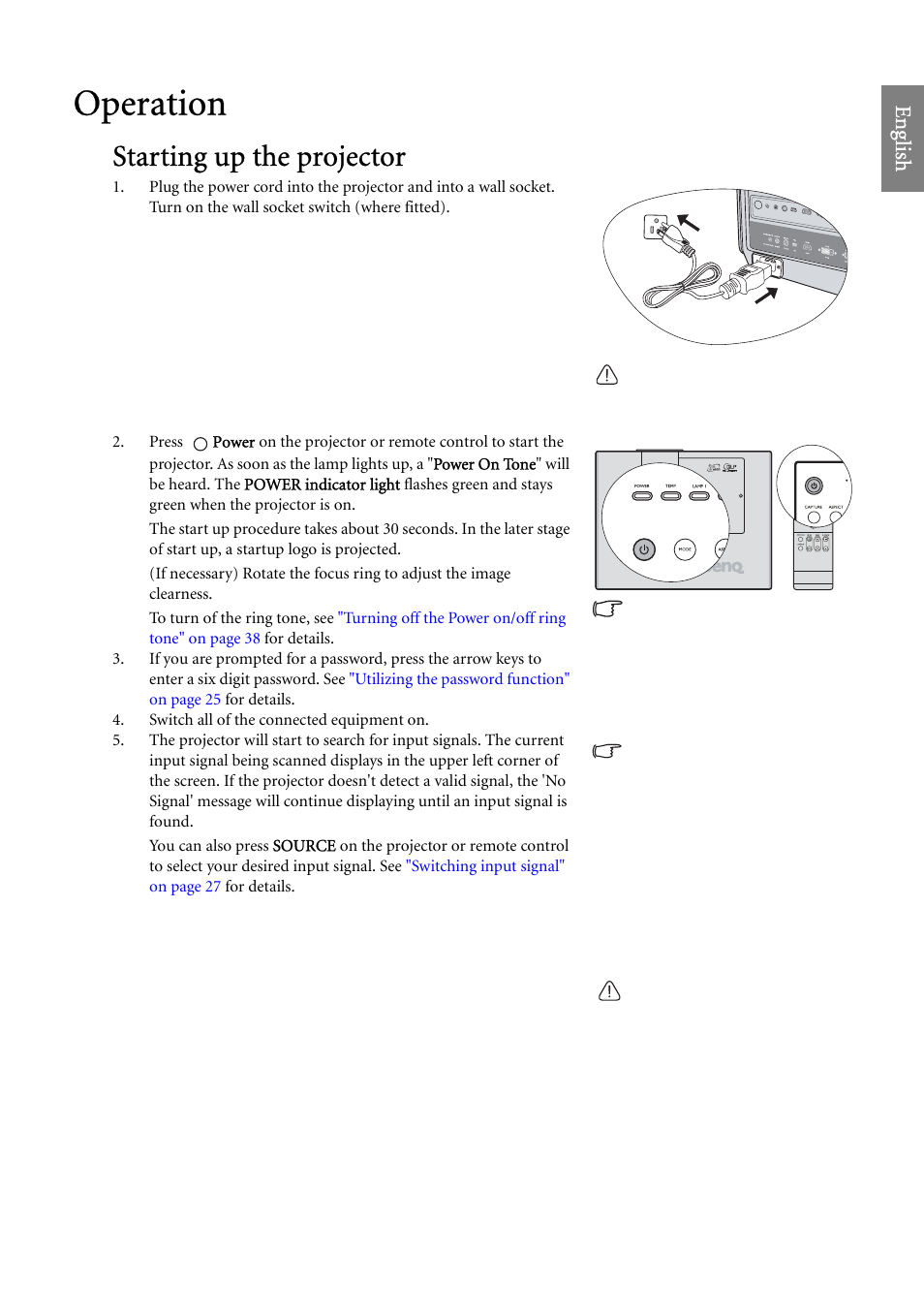 Operation, Starting up the projector, On. see | Eng lish | BenQ SP920 User Manual | Page 23 / 56