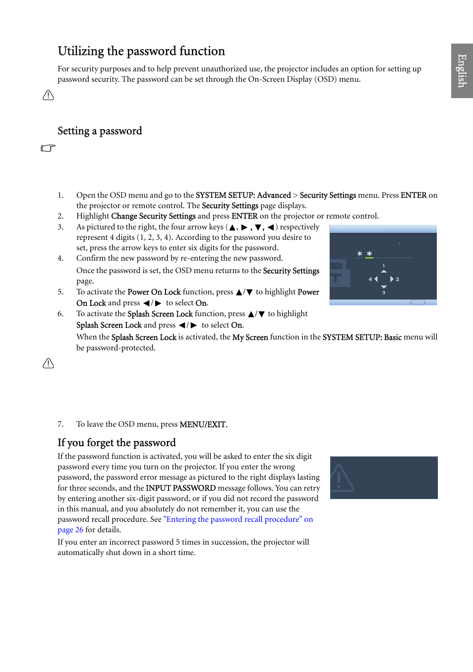 Utilizing the password function, Eng lish, Setting a password | If you forget the password | BenQ SP920 User Manual | Page 25 / 56