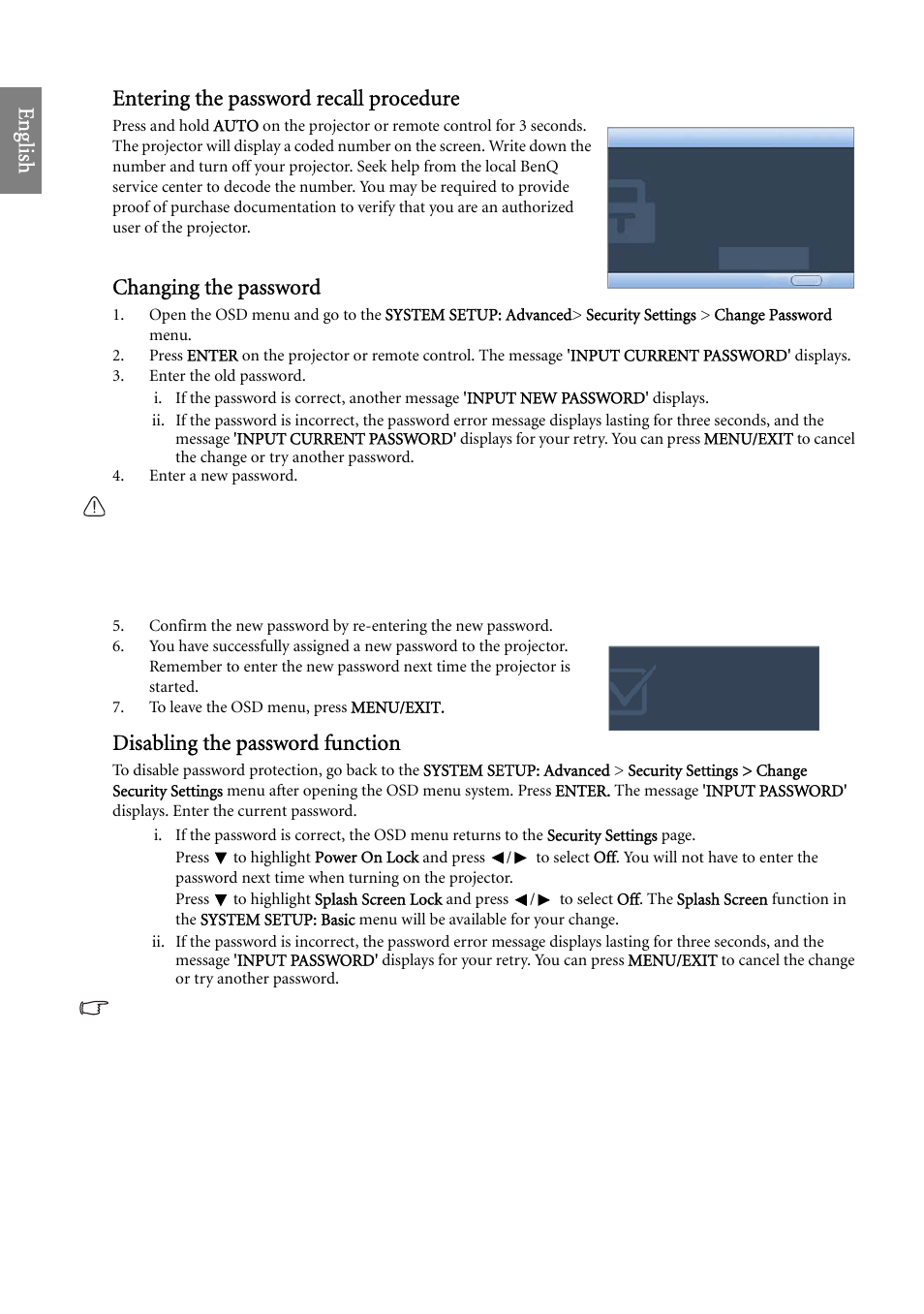 Eng lish entering the password recall procedure, Changing the password, Disabling the password function | BenQ SP920 User Manual | Page 26 / 56