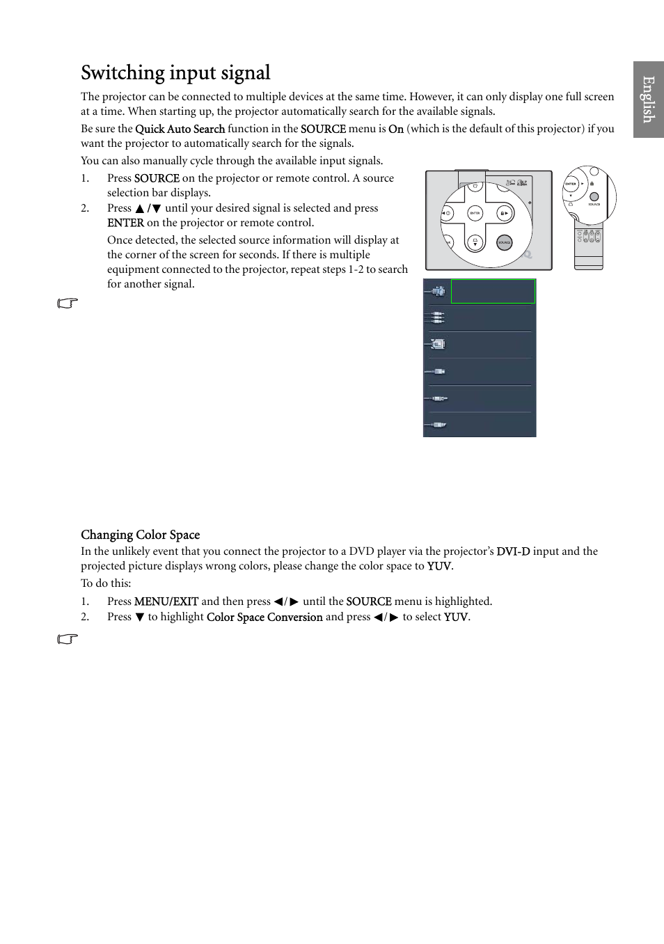 Switching input signal, Switching, For de | Yuv. see, Changing color, Eng lish | BenQ SP920 User Manual | Page 27 / 56