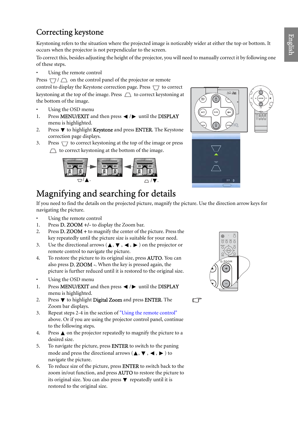 Correcting keystone, Magnifying and searching for details, Correcting keystone" on | For deta, Eng lish | BenQ SP920 User Manual | Page 29 / 56
