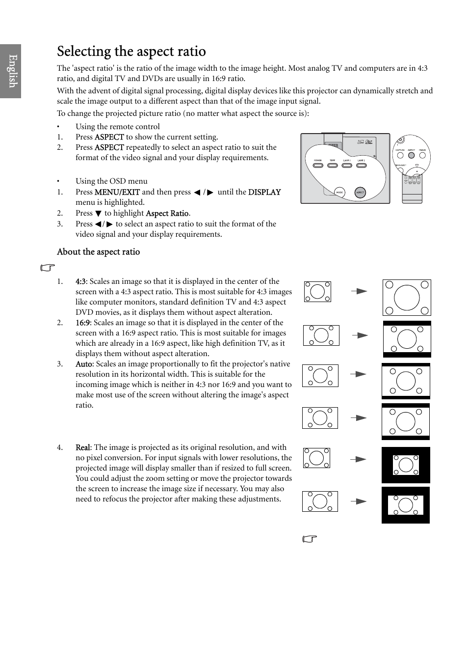 Selecting the aspect ratio, Selecting the, Eng lish | BenQ SP920 User Manual | Page 30 / 56
