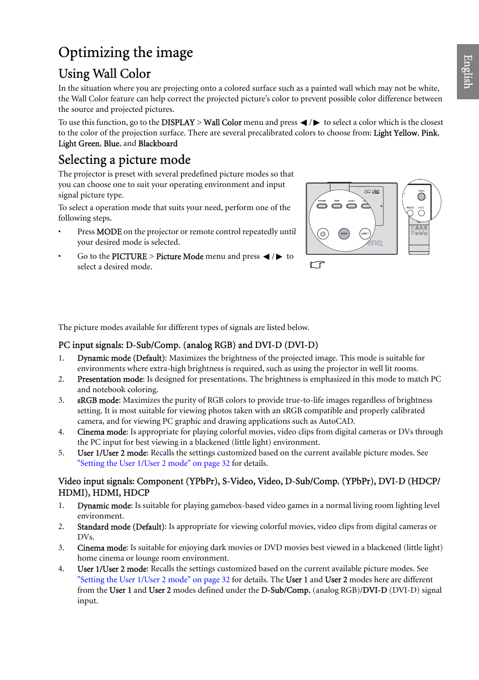 Optimizing the image, Using wall color, Selecting a picture mode | Using wall color selecting a picture mode, For det, E mode. see, Selecting a, Eng lish | BenQ SP920 User Manual | Page 31 / 56