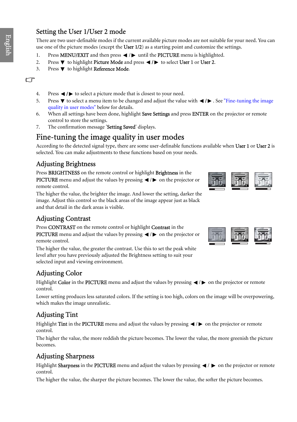 Fine-tuning the image quality in user modes, Eng lish setting the user 1/user 2 mode, Adjusting brightness | Adjusting contrast, Adjusting color, Adjusting tint, Adjusting sharpness | BenQ SP920 User Manual | Page 32 / 56