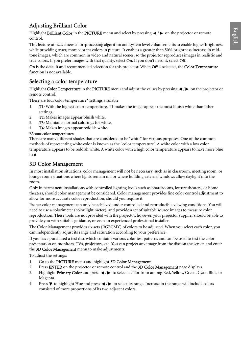 Eng lish adjusting brilliant color, Selecting a color temperature, 3d color management | BenQ SP920 User Manual | Page 33 / 56