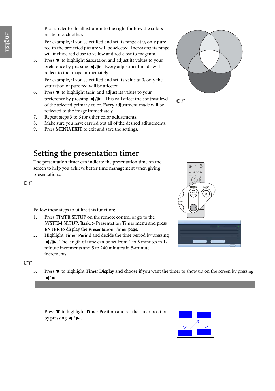 Setting the presentation timer, Setting the, For det | Eng lish | BenQ SP920 User Manual | Page 34 / 56