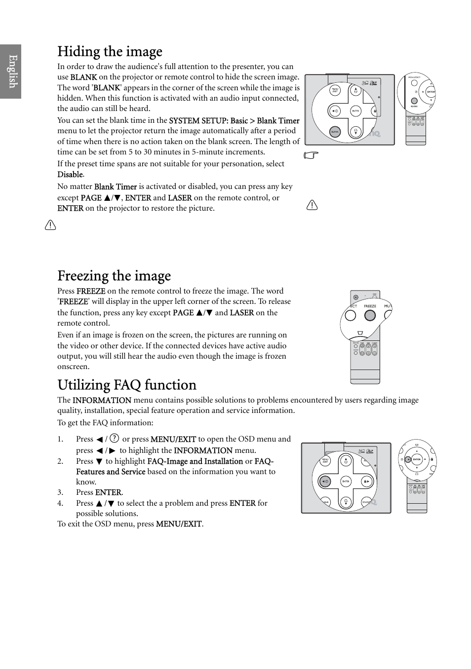 Hiding the image, Freezing the image, Utilizing faq function | Hiding the, Q function. see, Utilizing faq, Freezing the, Eng lish | BenQ SP920 User Manual | Page 36 / 56