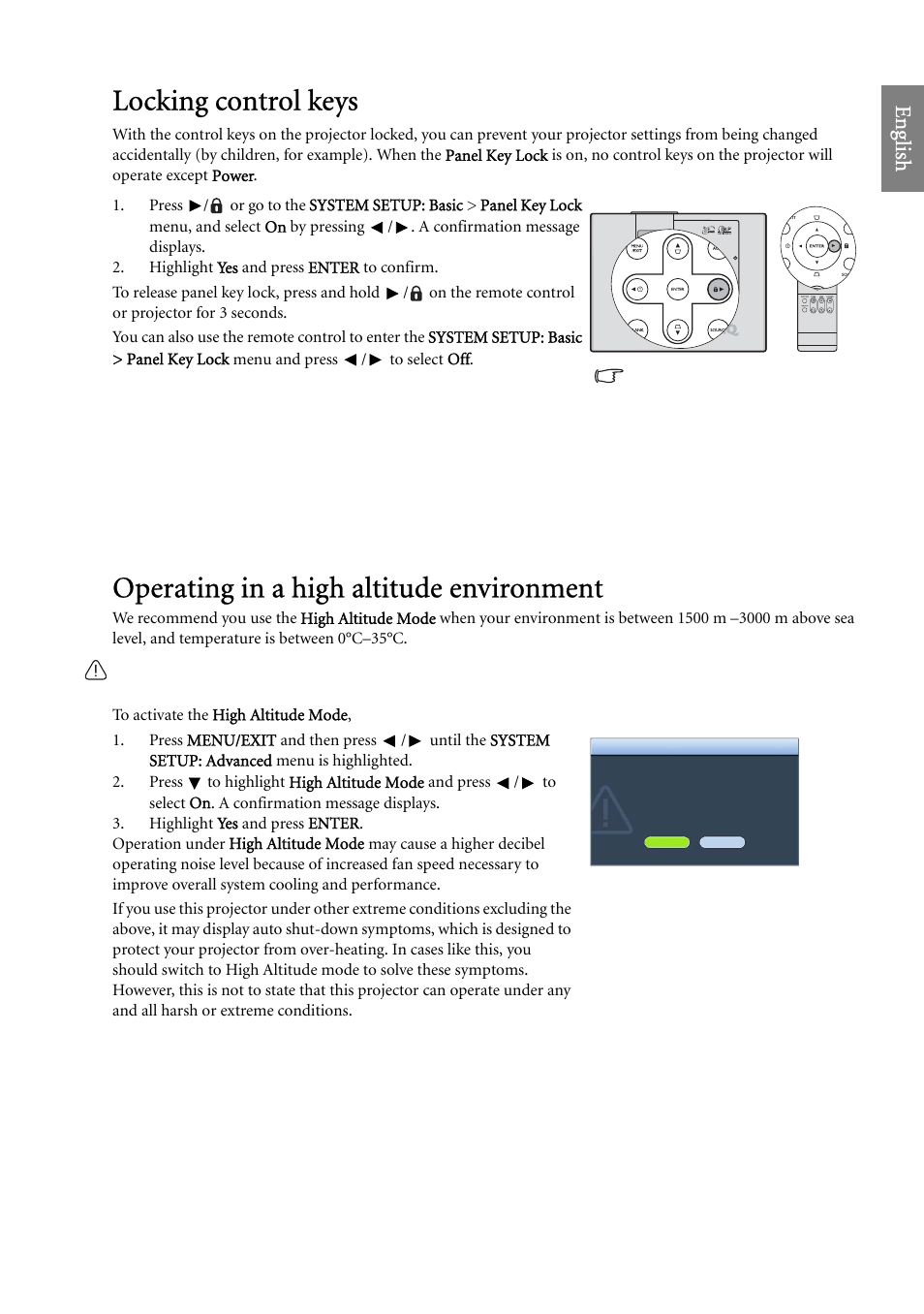 Locking control keys, Operating in a high altitude environment, Locking | For det, Eng lish | BenQ SP920 User Manual | Page 37 / 56